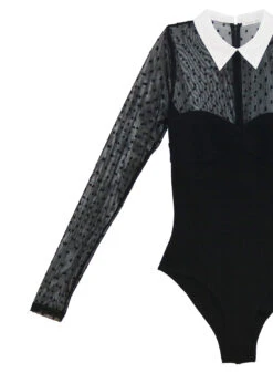Fleur Du Mal Collared Bodysuit With Dotted Tulle -Fleurdumal Shop BS0033 BLACK1