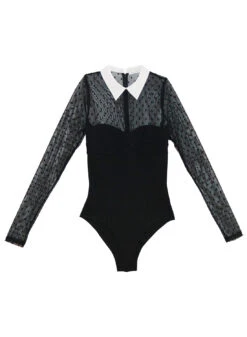 Fleur Du Mal Collared Bodysuit With Dotted Tulle -Fleurdumal Shop BS0033 BLACK DTM