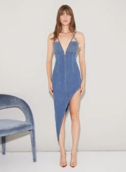 Fleur Du Mal Asymmetric Denim High Leg Dress