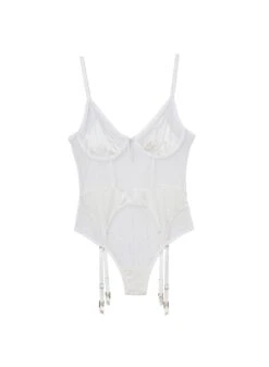 Fleur Du Mal Dotty Tulle Garter Bodysuit -Fleurdumal Shop dottyivorybodysuitflat1
