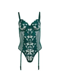 Fleur Du Mal Lily Embroidery Cupped Bodysuit -Fleurdumal Shop lilybodysuitevergreenflat1