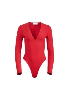 Fleur Du Mal Long Sleeve Plunge Bodysuit -Fleurdumal Shop rougebodysuitflat1