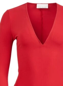 Fleur Du Mal Long Sleeve Plunge Bodysuit -Fleurdumal Shop rougebodysuitflat2